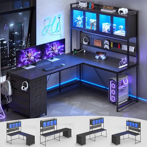 Reversible L-Shaped Gaming Desk with Hutch & Pegboard